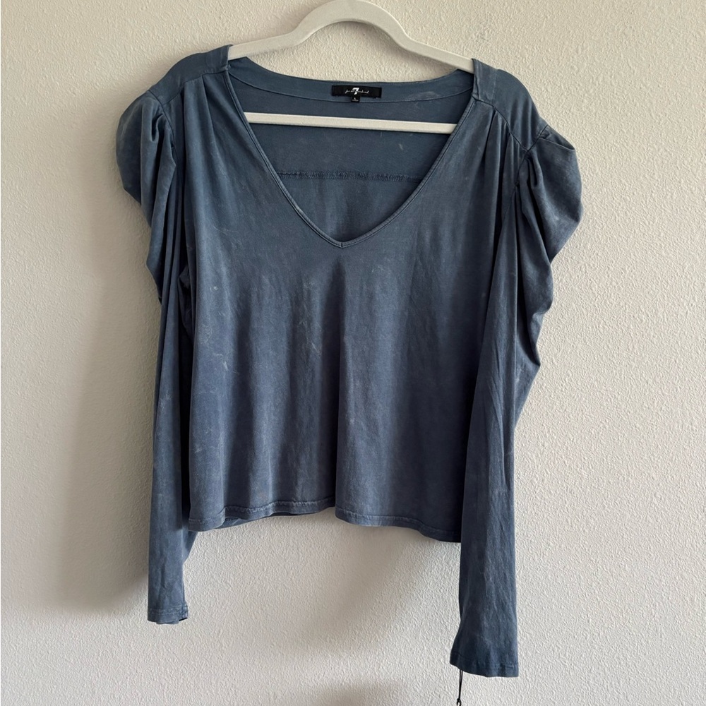 NWT 7 For All Mankind Blouse Puff-Sleeve V-Neck Women’s Large Acid-Wash Blue